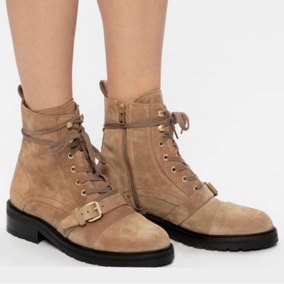 AllSaints Donita Tan Suede Side Zip Lace-Up Combat Boots Size 37/US 7 - Picture 1 of 16